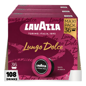 Lavazza Lungo Dolce coffee capsule maxi pack, 36-pack (108 drinks), featuring a deep magenta and burgundy design with gold and white branding.