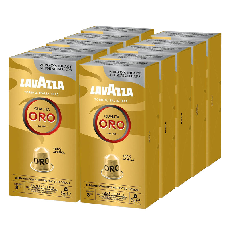 Six boxes of Lavazza Oro Zero CO. Impact Aluminum Caps coffee capsules arranged in two rows on a white background.