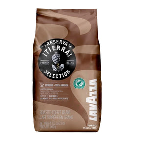 A package of Lavazza La Reserva de Tierra Selection coffee beans, featuring a camouflage pattern in shades of brown and a prominent Lavazza brand logo.