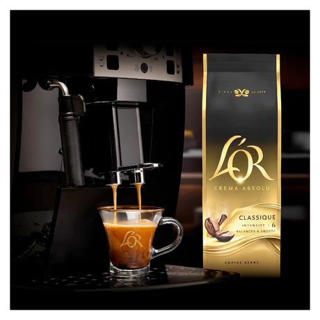 L'OR Crema Absolu Coffee Beans Packet and Machine