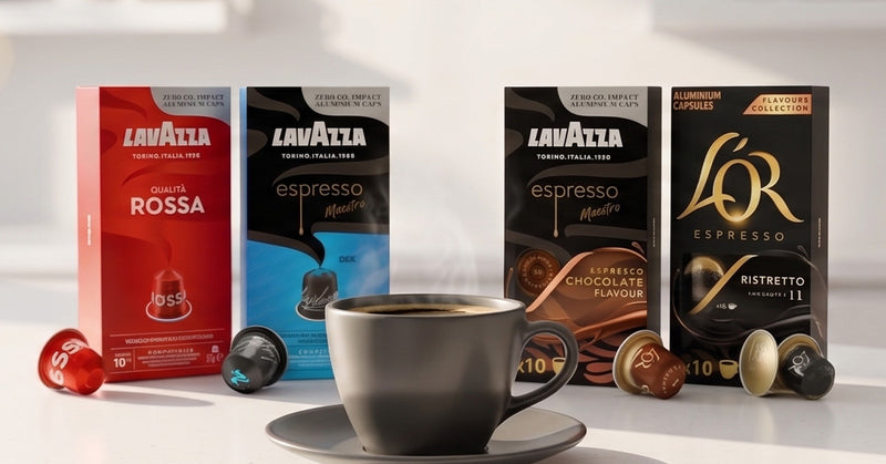 Four Lavazza coffee capsule boxes in red, blue, brown, and black packaging are lined up on a white surface, with a dark gray coffee cup and several loose capsules in front.