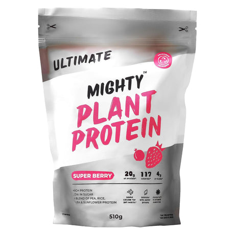 A 510g stand-up pouch of Mighty Plant Protein Ultimate Super Berry plant-based protein powder, featuring a white and gray packaging design with pink text and berry graphics.