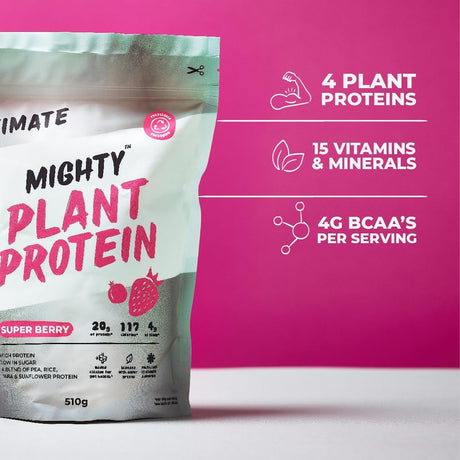 Mighty Plant Protein packaging with pink background and text highlighting nutritional benefits.