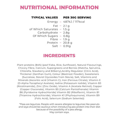 Nutritional information and ingredients list for a pea-based protein powder. The text is displayed on a white background with pink headings and black body text, detailing typical values per 30g serving and listing various plant-based protein sources in the ingredients.