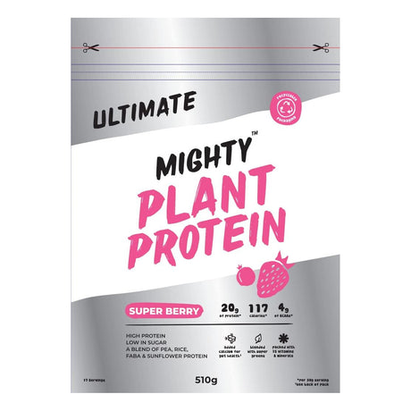 A 510g bag of Mighty Plant Protein Ultimate Super Berry plant protein powder, featuring a silver and white packaging design with pink text and berry graphics.
