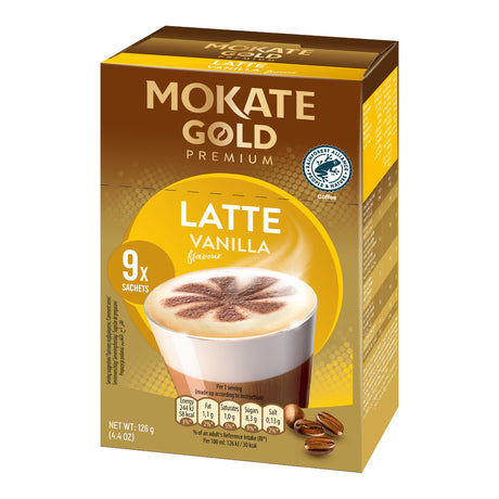 Mokate Gold Premium Latte Vanilla coffee package on a white background