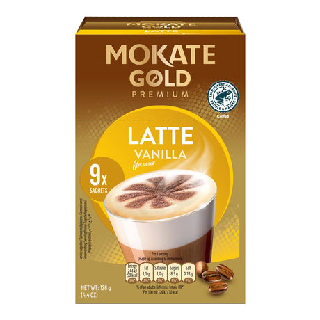 Mokate Gold Premium Latte Vanilla coffee package on a white background