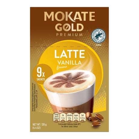 Mokate Gold Premium Latte Vanilla coffee package on a white background