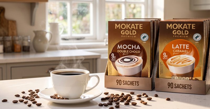 Two boxes of MOKATE GOLD Premium coffee sachets on a kitchen counter next to a white cup of black coffee with scattered coffee beans. The boxes are labeled Mocha Double Choco and Latte Caramel, with 90 sachets each.