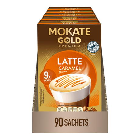 Box of Mokate Gold Premium Latte Caramel flavored coffee sachets on a white background
