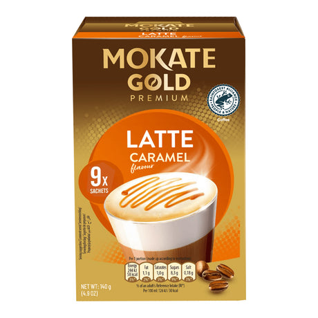 Box of Mokate Gold Premium Latte Caramel flavored coffee on a white background