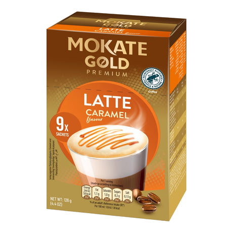 Mokate Gold Latte Caramel flavor coffee package on a white background