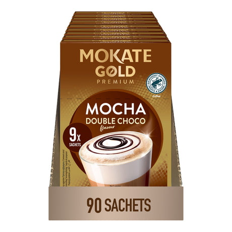 Packaging of Mokate Gold Premium Mocha Double Choco coffee sachets on a white background