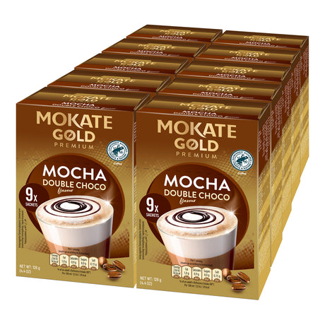 Multiple boxes of Mokate Gold Premium Mocha Double Choco on a white background