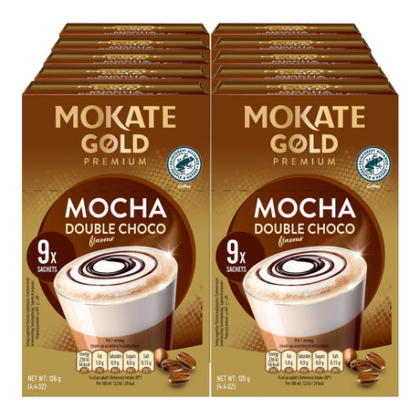Two boxes of Mokate Gold Premium Mocha Double Choco flavor coffee on a white background