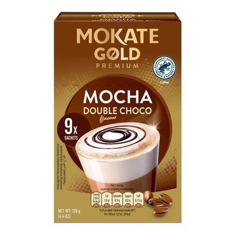 Mokate Gold Premium Mocha Double Choco coffee packaging on a white background