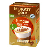 Mokate Gold Premium Pumpkin Spice Latte coffee sachet box, 8 x 120g, featuring a pumpkin latte graphic on a brown and gold package.