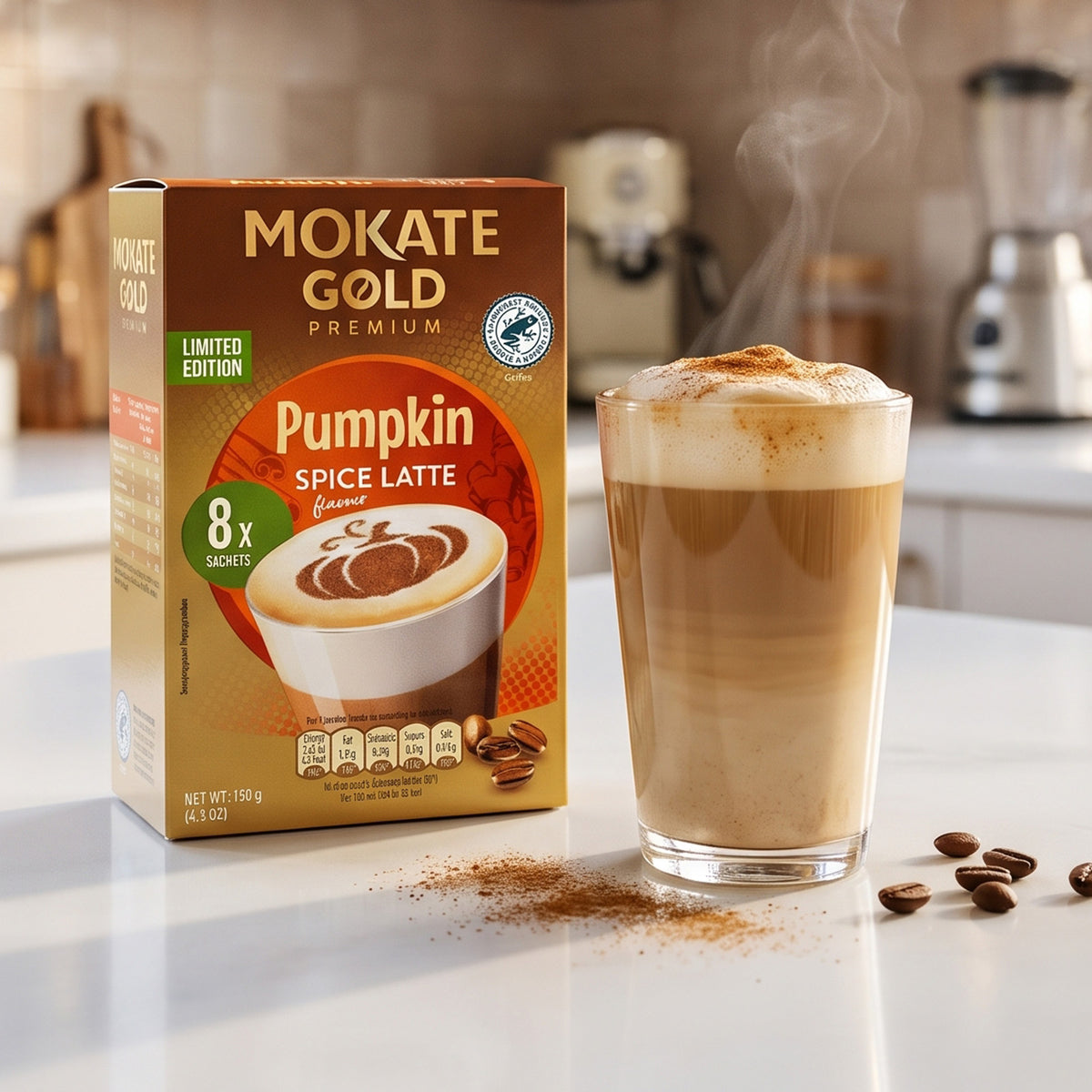 Mokate Gold Premium Pumpkin Spice Latte coffee sachets box next to a glass of frothy pumpkin spice latte with foam and cinnamon dust, set on a kitchen counter with coffee beans and steam rising.