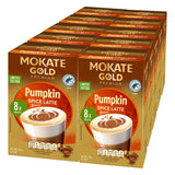 A bulk pack of eight boxes of Moka Gold Premium Pumpkin Spice Latte coffee, arranged in a 3D stack showing the front and side panels of the packaging.