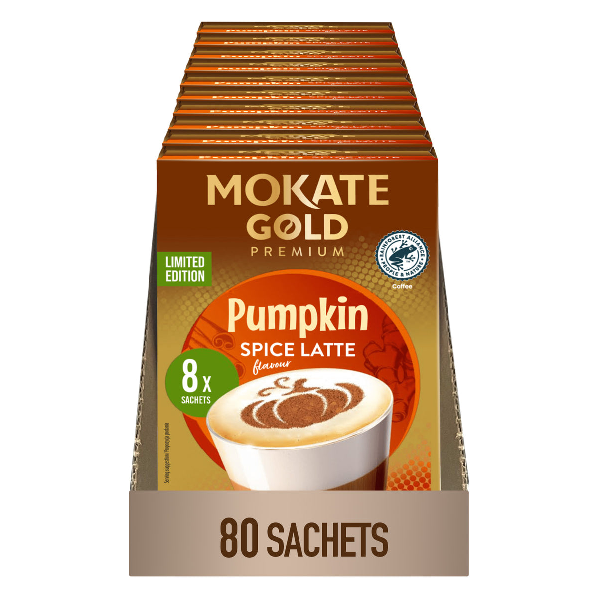 A bulk pack of MOKATE GOLD PREMIUM Pumpkin Spice Latte coffee sachets, featuring a stack of individual packets in brown packaging with a central display box showing an illustration of a pumpkin latte and indicating 80 sachets.