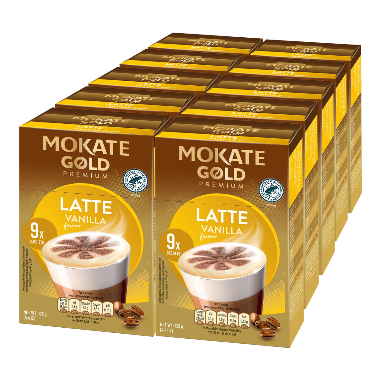 Multiple boxes of Mokate Gold Premium Latte Vanilla coffee on a white background