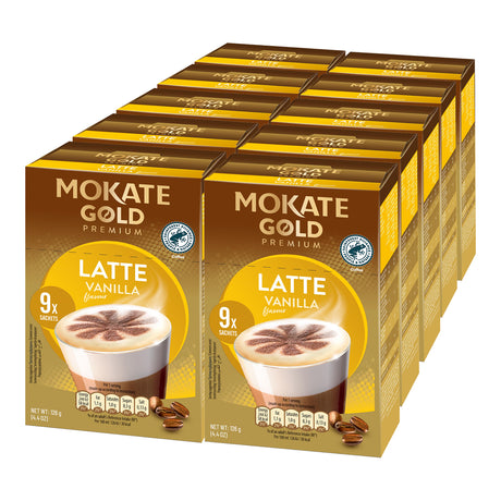 Multiple boxes of Mokate Gold Premium Latte Vanilla coffee on a white background