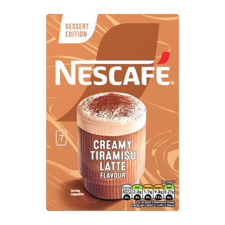 A box of Nescafe 7 Creamy Tiramisu Latte Flavour dessert edition, featuring a brown and orange design with a cup of coffee illustration.
