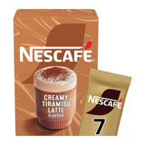 Nescafe Creamy Tiramisu Latte Flavour sachet pack, featuring a brown box with a coffee cup graphic and a single gold sachet with the number 7, on a white background.
