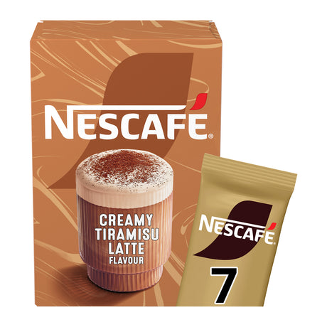 Nescafe Creamy Tiramisu Latte Flavour sachet pack, featuring a brown box with a coffee cup graphic and a single gold sachet with the number 7, on a white background.