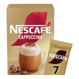 Nescafe Cappuccino packaging with a cup of cappuccino and coffee beans on a beige background.