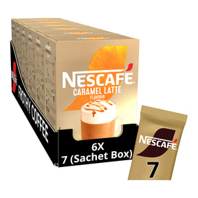 Nescafe Caramel Latte flavor coffee packaging with a single sachet on a white background