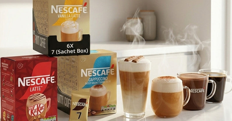 Nescafe coffee products displayed on a countertop with brewed coffee cups and sachet boxes, including Vanilla Latte, Cappuccino, and Latte variants, with steam rising in a bright kitchen-like setting.