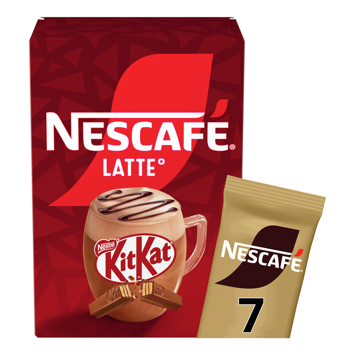 Nescafe Latte packaging with KitKat and Nescafe 7 coffee packets on a white background