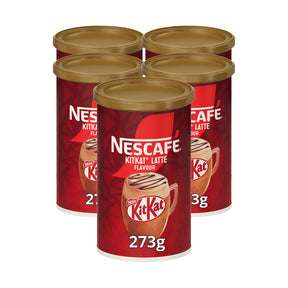 Six tins of Nescafe Kitkat Latte Flavour on a white background