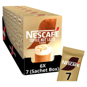 Nescafe Toffee Nut Latte flavor coffee packaging with a single sachet on a white background