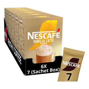 Nescafe Vanilla Latte coffee packaging with a single sachet on a white background