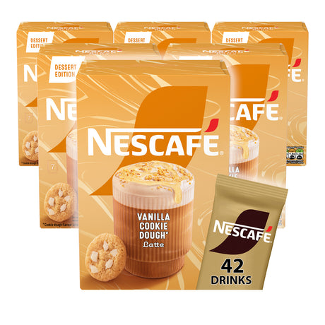 Nescafe Vanilla Cookie Dough Latte packaging with multiple packages displayed.