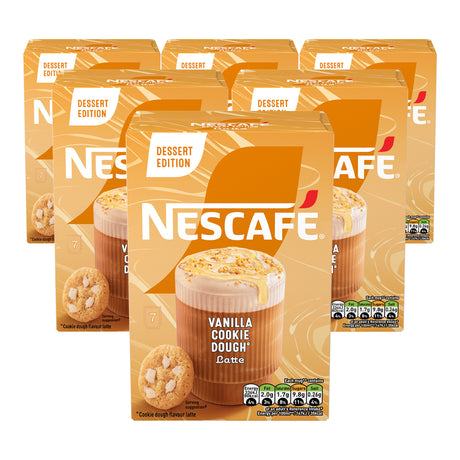 Multiple packages of Nescafe Vanilla Cookie Dough Latte on a white background
