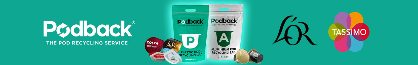 Podback bags next to Podback logo, L'OR Logo, Tassimo Logo