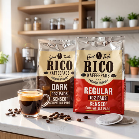 Rico Senseo Compatible Pads regular and Dark on a kitchen work surface in an kitchen