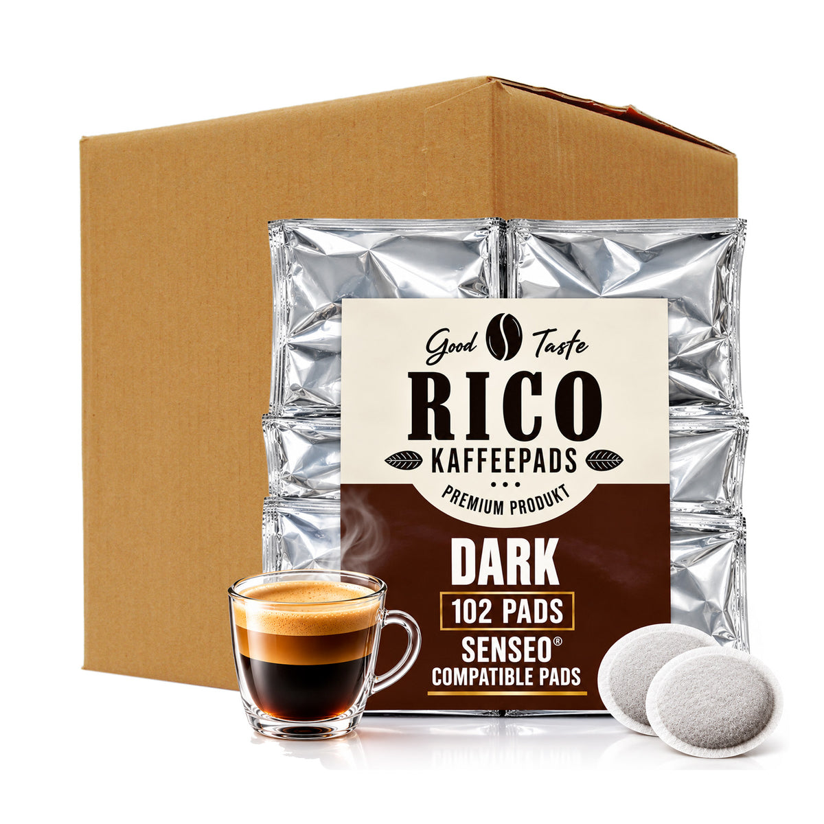 A bulk box of RICO Kaffepads dark coffee filter pods shown with a silver foil bag, a glass of espresso, and two loose filter pods on a white background.