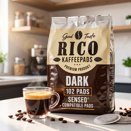 A bag of Rico Kaffepads Dark coffee filters stands on a kitchen counter next to a steaming glass of espresso, with coffee beans scattered around and Senseo-compatible pads in front. The background shows a softly blurred kitchen setting.