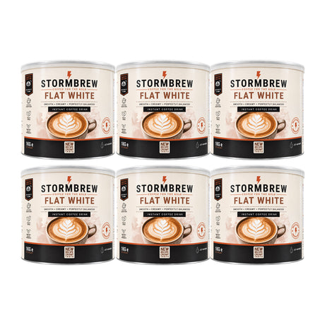Six Stormbrew Flat White instant coffee bean cans arranged in a 2x3 grid on a plain white background.
