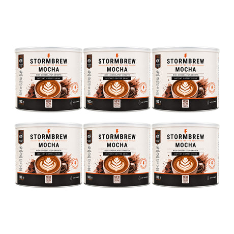 Six cans of Stormbrew Mocha coffee arranged in two rows of three on a plain white background.