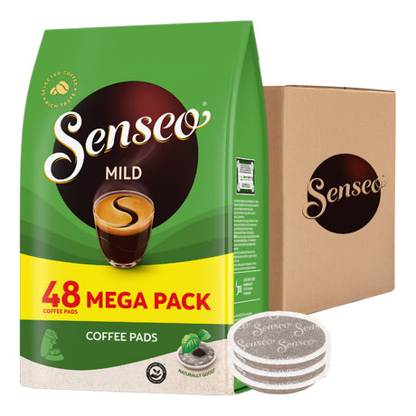 Senseo Mild coffee pads packaging with a cardboard box and coffee pads on a white background