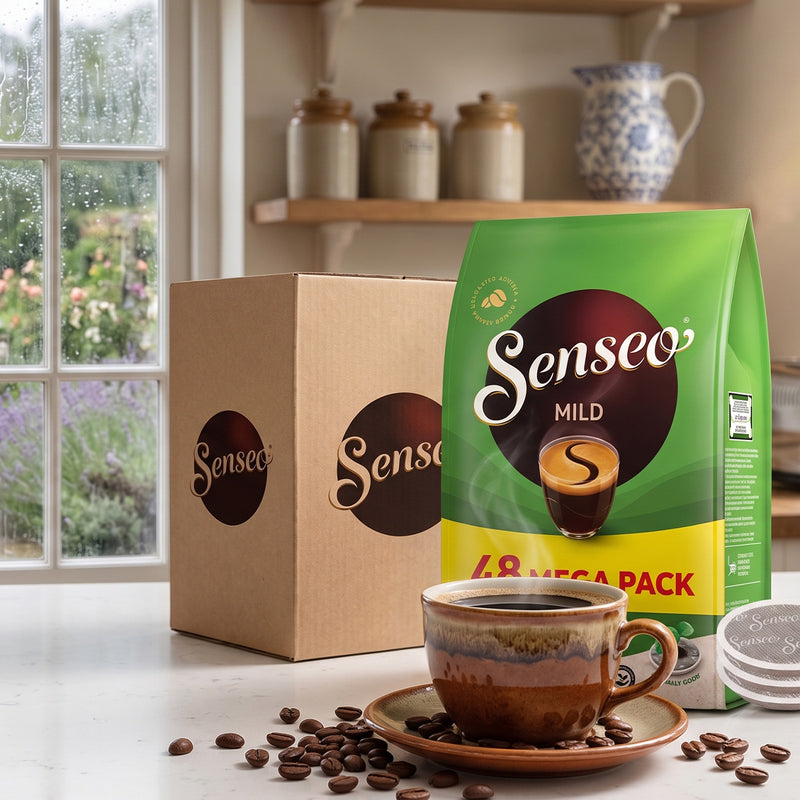 Senseo Mild 12-pack coffee box and bag displayed on a kitchen counter with a ceramic cup of coffee, scattered coffee beans, and a window in the background.