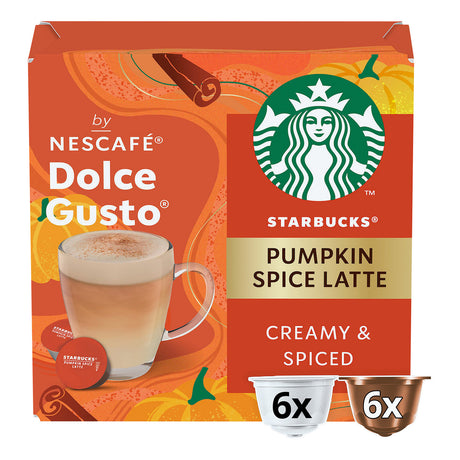 Box of Starbucks Pumpkin Spice Latte Nescafe Dolce Gusto coffee pods with orange and green design.