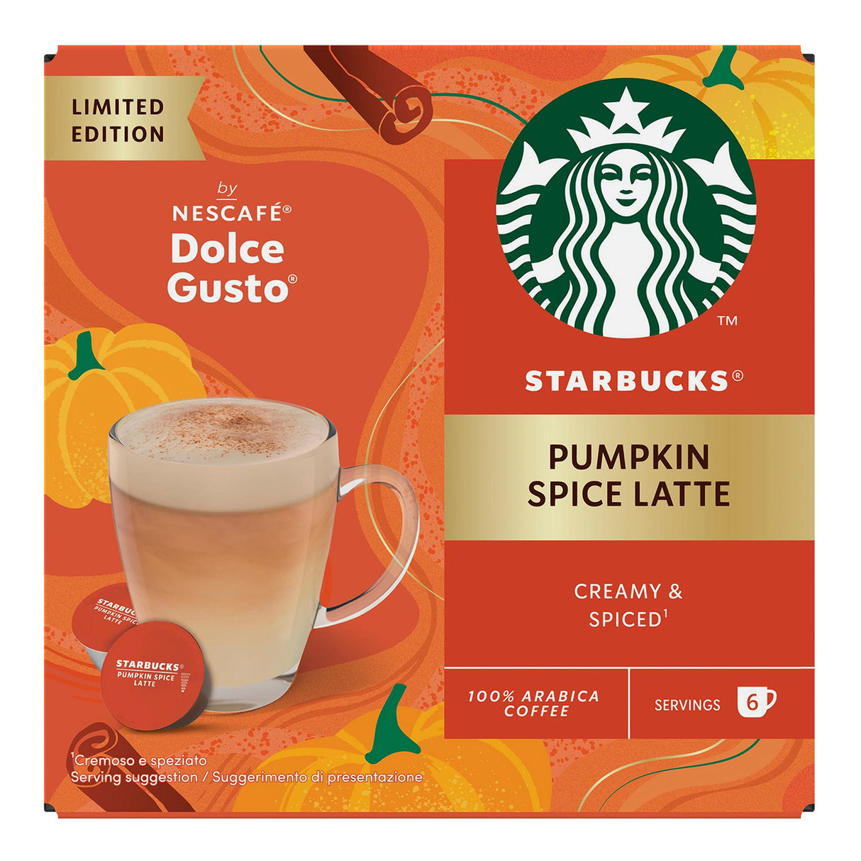 Starbucks Pumpkin Spice Latte Nescafe Dolce Gusto box with orange and green design