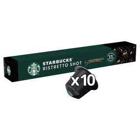 Box of Starbucks Ristretto Shot coffee capsules by Nespresso with a single capsule displayed in front.