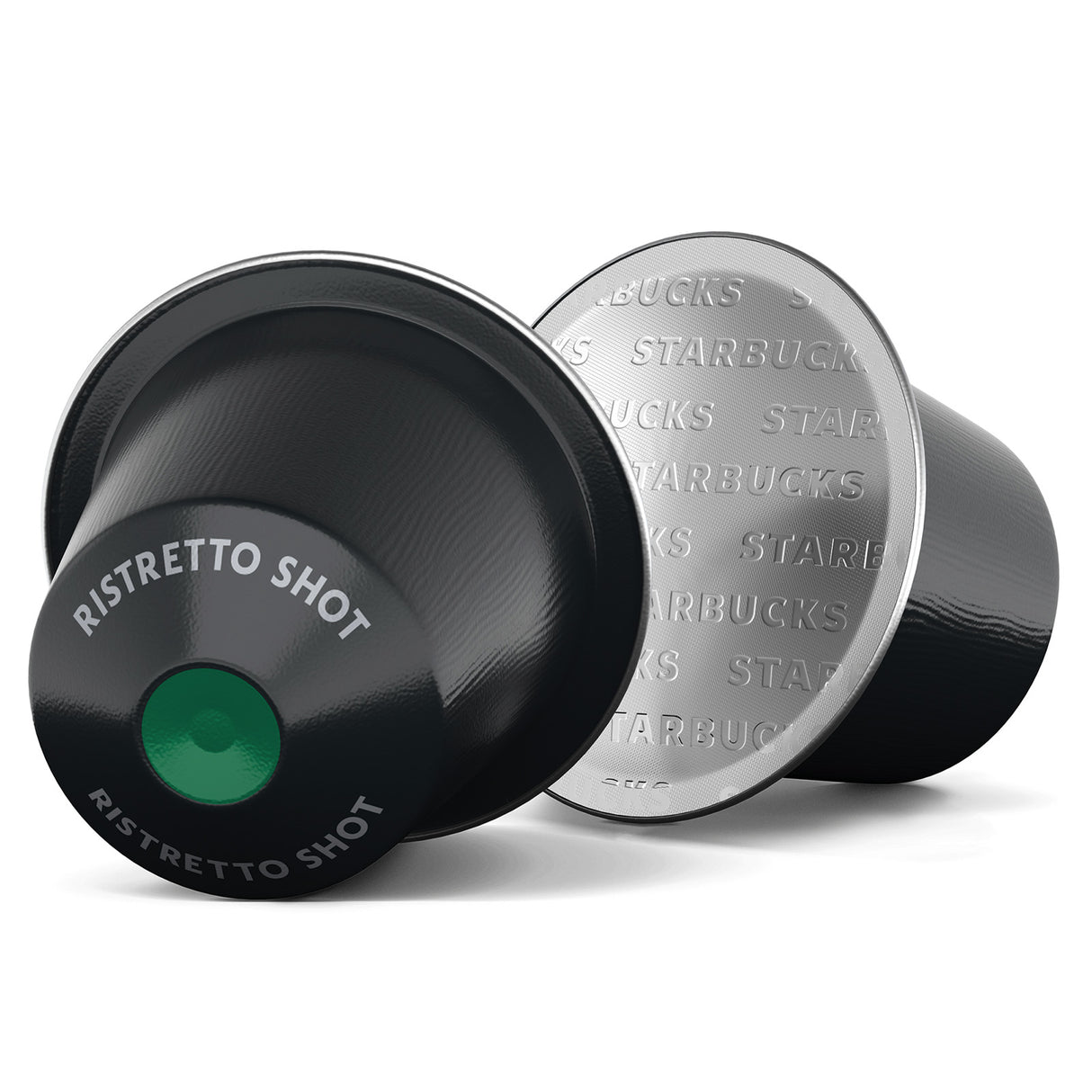 Two coffee capsules, one black and one silver, with 'Starbucks' branding on a white background.